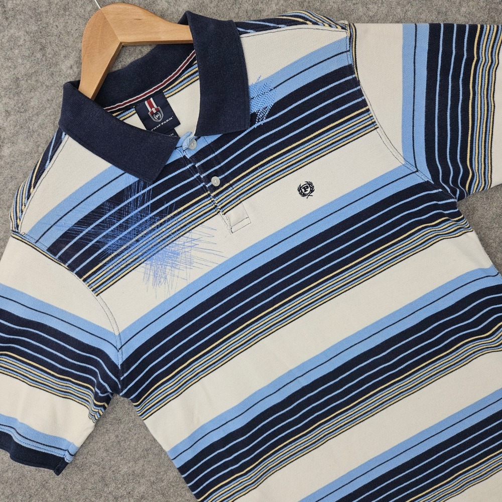 Phat Farm Polo Shirt Men's Medium Blue Striped Y2K Streetwear Embroidered Logo